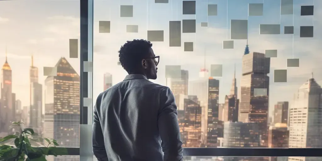 Startup founder contemplating a modern city from a tall building